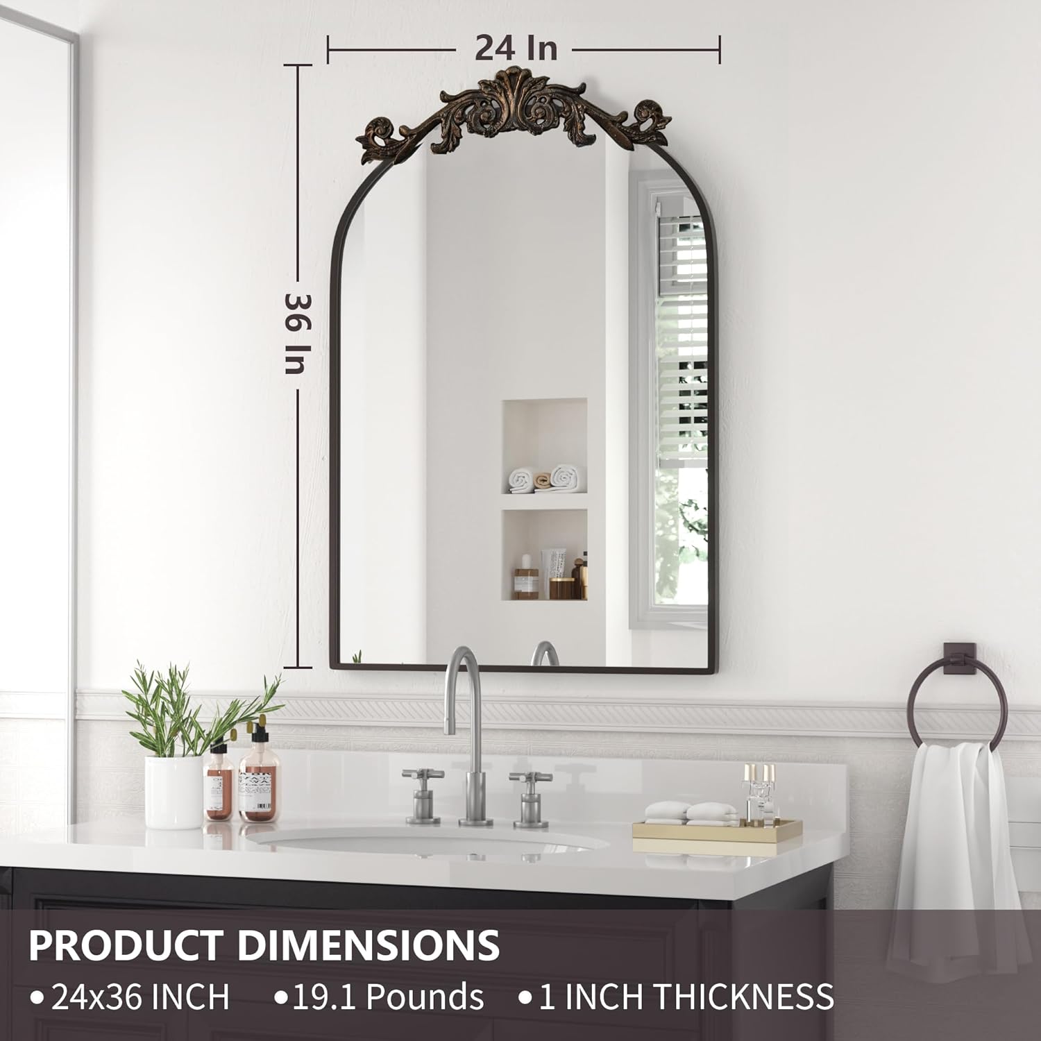 Antique Mirror for Wall, Large Brass Brown Arched Mirror Decorative Vintage Bathroom Mirrors, Ornate Entryway Baroque Mirror, Metal Frame, Hangs Vertically or Leaning, Copper Brown 24x36