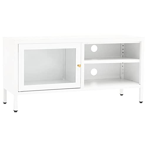 TV Cabinet,TV Table,Side Cabinet,Industrial Contemporary TV Cabinet, Media Console Table with Storage Cabinet,TV Desk Storage Rack,Includes a Glass Door, White 35.4