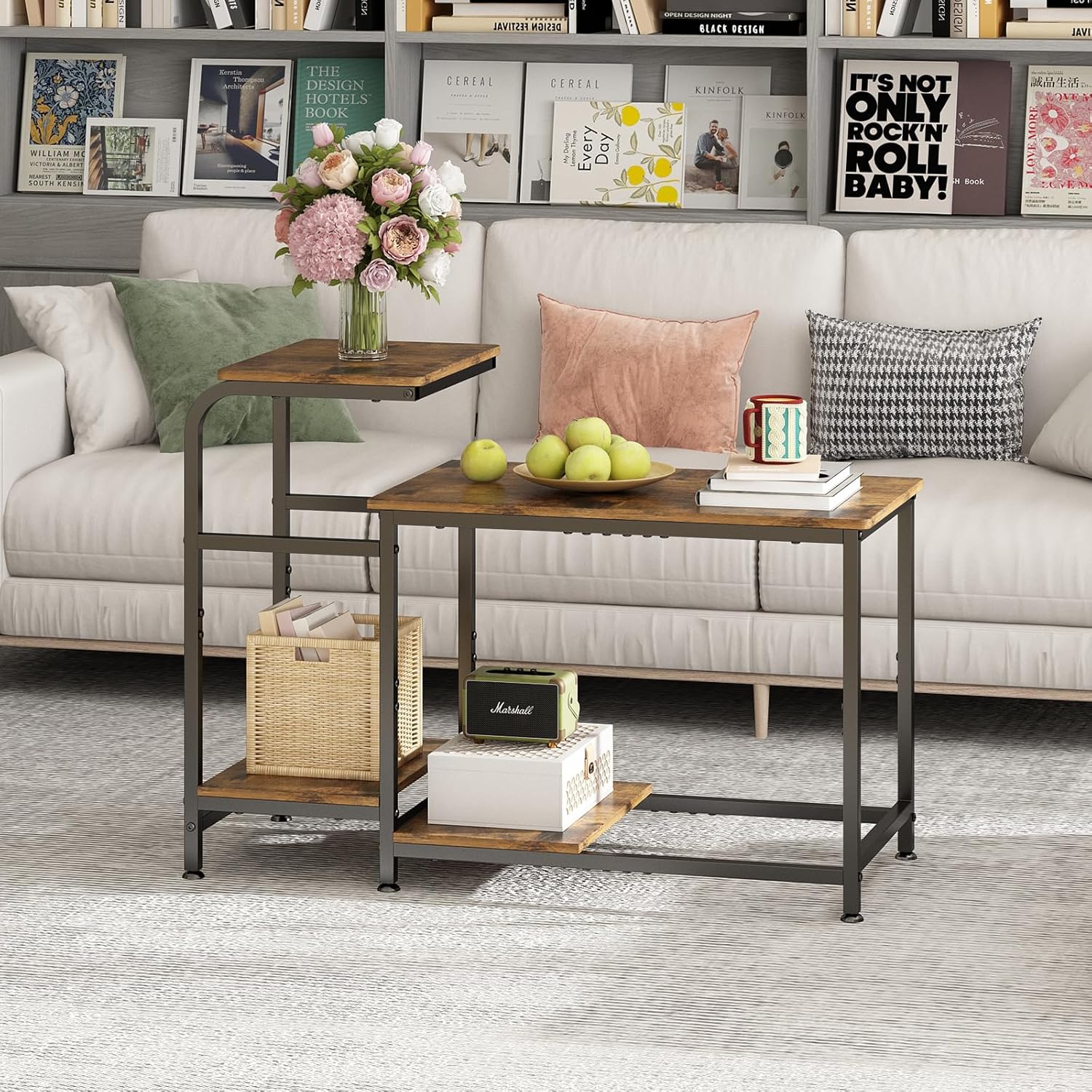 2 Tier Coffee Tables, Simple Industrial Style Center Table, Open Space, Small Outdoor Side Table for Living Room, Office, Camping Table, Easy to Assemble, Rustic Brown