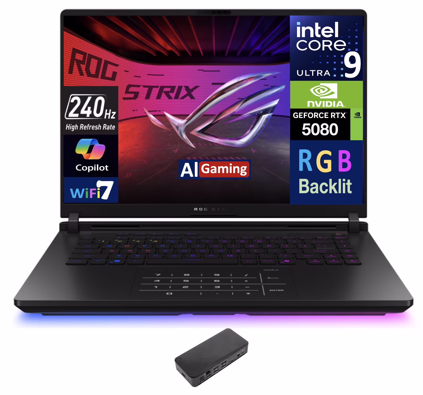 ASUS ROG Strix AI Gaming Laptop 16.0in 240Hz Mini LED WQXGA Display (Intel Ultra 9- 275HX, GeForce RTX 5080 16GB, 32GB DDR5, 8TB PCIe SSD, RGB KB, 2 Thunderbolt 5, WiFi 7, Win 11 Pro) w/USB-C Dock
