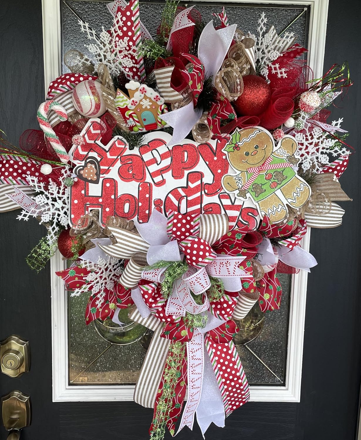 Over The Top XL Gingerbread Christmas Wreath, Front Door, Deco Mesh & Ribbon, Handmade, Porch Patio Decoration, Indoor Outdoor, Green, Red, Brown, White