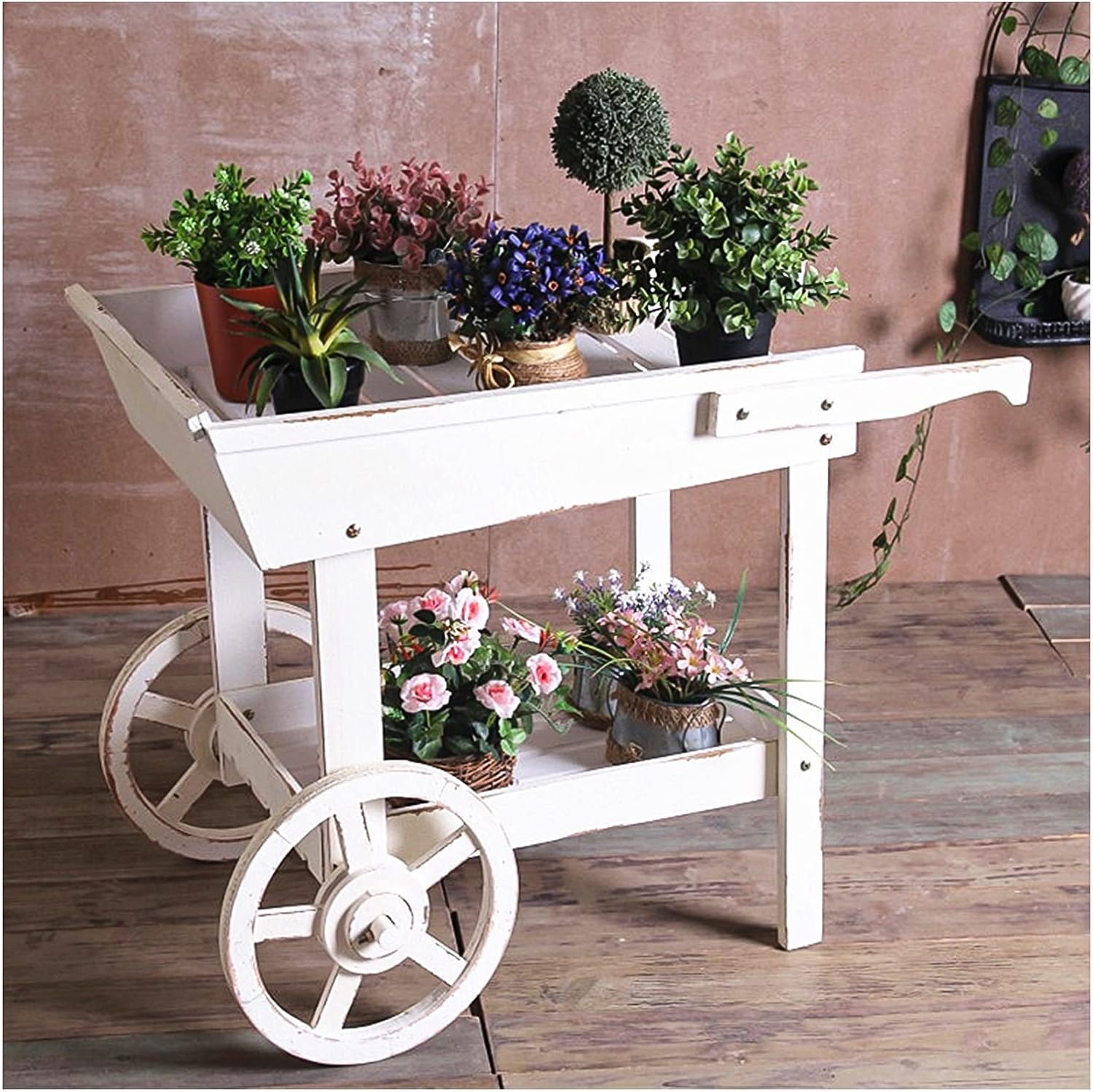 Outdoor Potting Bench Cart Table, Home and Outdoor Multifunctional Wooden Table Top Worktable On Two Wheels