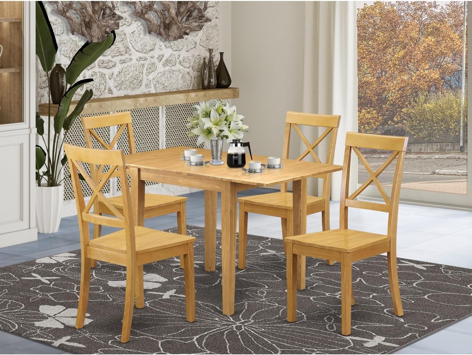 Boldly Bohemian Kitchen Table Set 5 Pc- 4 Fabulous Wooden Dining Room Chairs and A Lovely Dining Room Table - Oak Finish Wooden Chair Seat - Oak Finish Hardwood Structure.