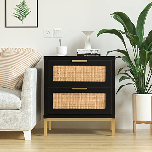 Anmytek Black Wood Nightstand Set of 2, Mid-Century Modern End Table with Storage Drawer and Open Shelf, Boho Rattan Bedside Table Small Side Table for Bedroom, Dorm