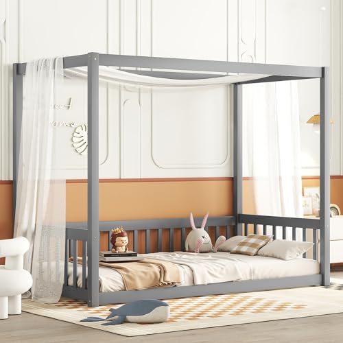 Twin Size Floor Bed with Fence, Wood Montessori Twin Floor Canopy Bed Frame for Toddlers, Kids, Teens, Easy Assembly, No Box Spring Needed, White