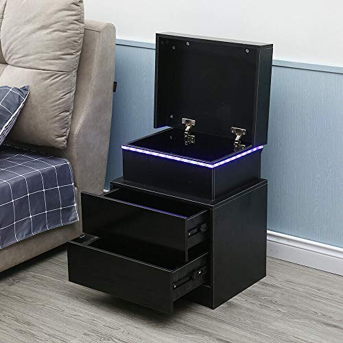 DYRABREST Wood Gloss Bedside End Table with 2 Storage Drawers,LED Light End Table Bedroom Storage Bedside,Stand End Bedside Table Organizer (Black)