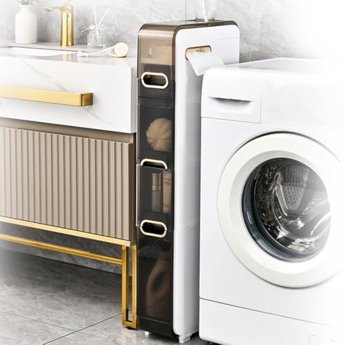 4-Tiers Slim Bathroom Storage Cabinet Narrow Bathroom Floor Storage Cabinet Plastic Drawers Organizer with Tissue Box and Wheels for Small Spaces, Kitchen, Laundry,Living Room Toilet Gap