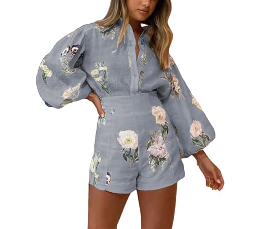 Molilove Womens 2 Piece Outfit Hawaiian Long Sleeve Button Down Shirt and Shorts Tracksuit Lounge Set