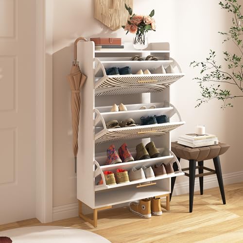 Convenient Shoe Cabinet Space Saving Hidden Shoe Rack with 3 Flip Drawers and Metal Handle, Large Space Wooden Shoe Storage Cabinet Modern Shoe Organizer for Entryway, Hallway (Beige)