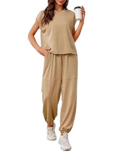 Glamaker Women's 2 Piece Outfits Fashion Sleeveless Crewneck Sweatsuits Loose Fit Top High Waist Pants Set Tracksuit