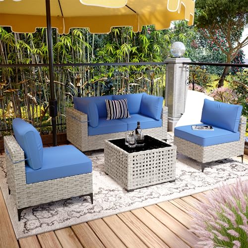 ovios 7 Piece Outdoor Patio Furniture with Glowing Coffee Table, Rattan Wicker Conversation Set with Sofa, Sectional Single Chairs for Outside Porch Balcony Backyard Pool,Grey