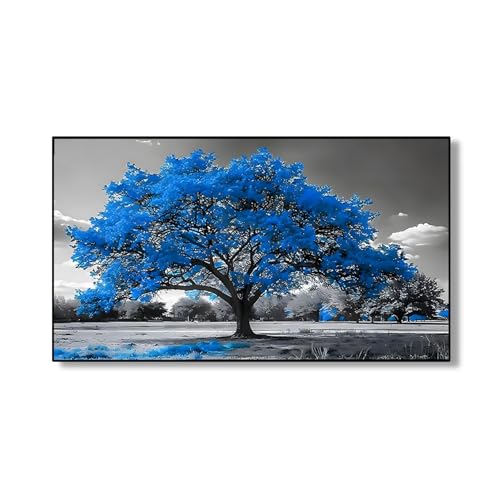 Canvas Wall Art, Blue Tree Wall Art, Large Tree of Life Wall Art, Black and White Floral Wall Art, Modern Giclee Stretched and Framed Wall Art Living Room Bedroom (Black Framed, 48