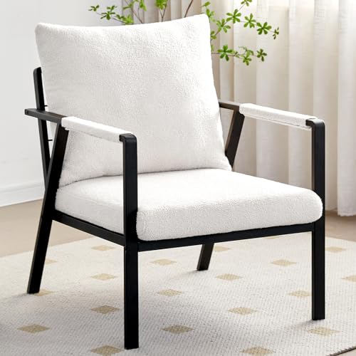 Wimarsbon Modern Accent Chair,Teddy Velvet Armchair,Mid Century Sitting Chair with Sponge Cushion, Fluffy Comfy and Sturdy Lounge Chair with Metal Leg for Bedroom, Living Room, Office (Black)