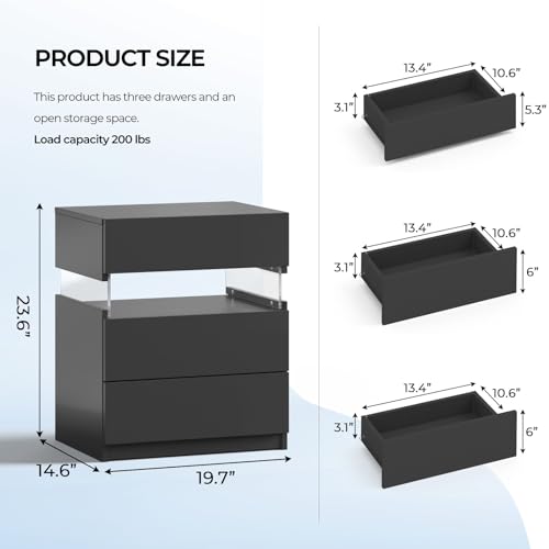 LED Night Stand White Nightstand for Bedroom Bedside Table with 3 Drawers Modern Side Tables Bedroom