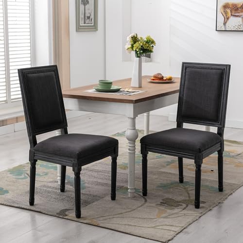 Guyou Cane Back Dining Chairs Set of 4, Black Upholstered Linen Dining Chairs Farmhouse Side Chairs with Woven Rattan Square Back and Solid Wood Legs (Black)
