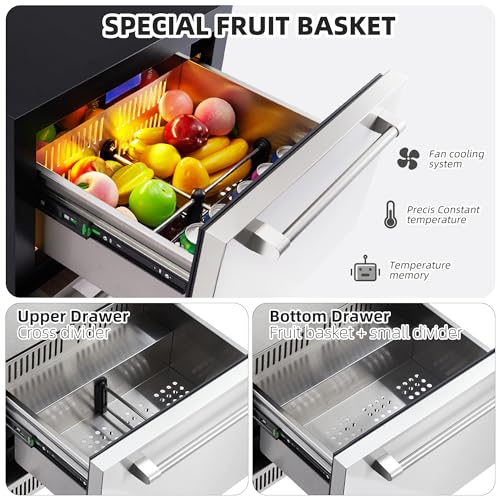 24 Inch Under Counter Drawer Refrigerator, Outdoor Undercounter Fridge for Patio, Built in Wine & Beverage Refrigerator for Home and Commercial, Stainless Steel Door, Fast Cooling, Low Noise, Silver