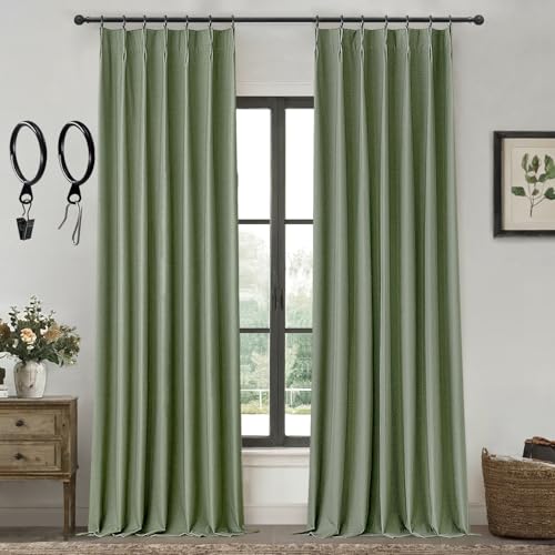 MIULEE Olive Green Pinch Pleat Linen Blackout Curtains 90 Inches Long Thermal Insulated Room Darkening Window Drapes for Living Room Bedroom Track System Back Tab Noise Reducing Pleated 2 Panels