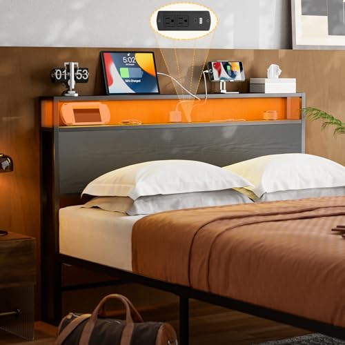 Full Size LED Headboard with Storage Shelf,Rustic Brown Headboards Only with Outlets,USB & Type C Port,Metal and Wood Frame