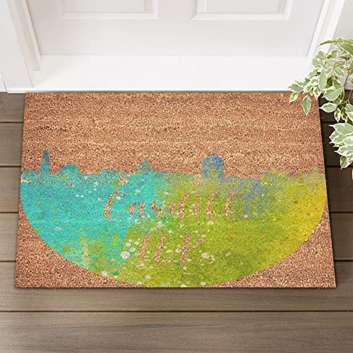 United Kingdom City Cambridge Coir Door Mat Rustic Non Slip Rubber Back Indoor Mat Funny Coir Doormat City Silhouette Watercolor Ink Graffiti Welcome Mats for Outside Porch Entrance 24x36in