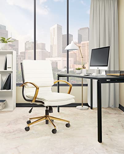 OSP Home Furnishings FL Series Mid-Back Faux Leather Adjustable Office Desk Chair with Thick Contoured Seat and Gold Finish, Cream
