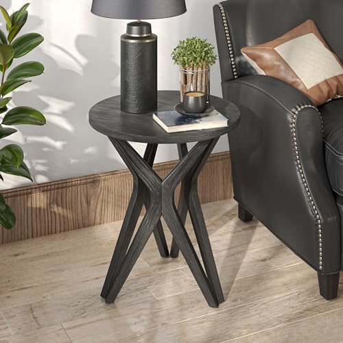 Pedestal Farmhouse End Table Set of 2, Distressed Ash Grey Top with Tripod Base for Modern Farmhouse, Boho Decor, Round