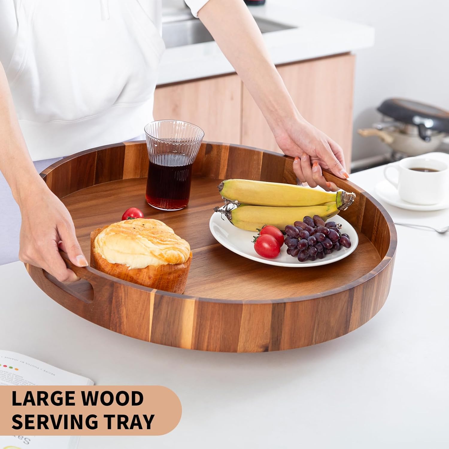 20 Inches Wood Serving Tray, Large Ottoman Tray, Acacia Round Tray, Wooden Tray with Handles for Kitchen Living Room Coffee Table Home Decor