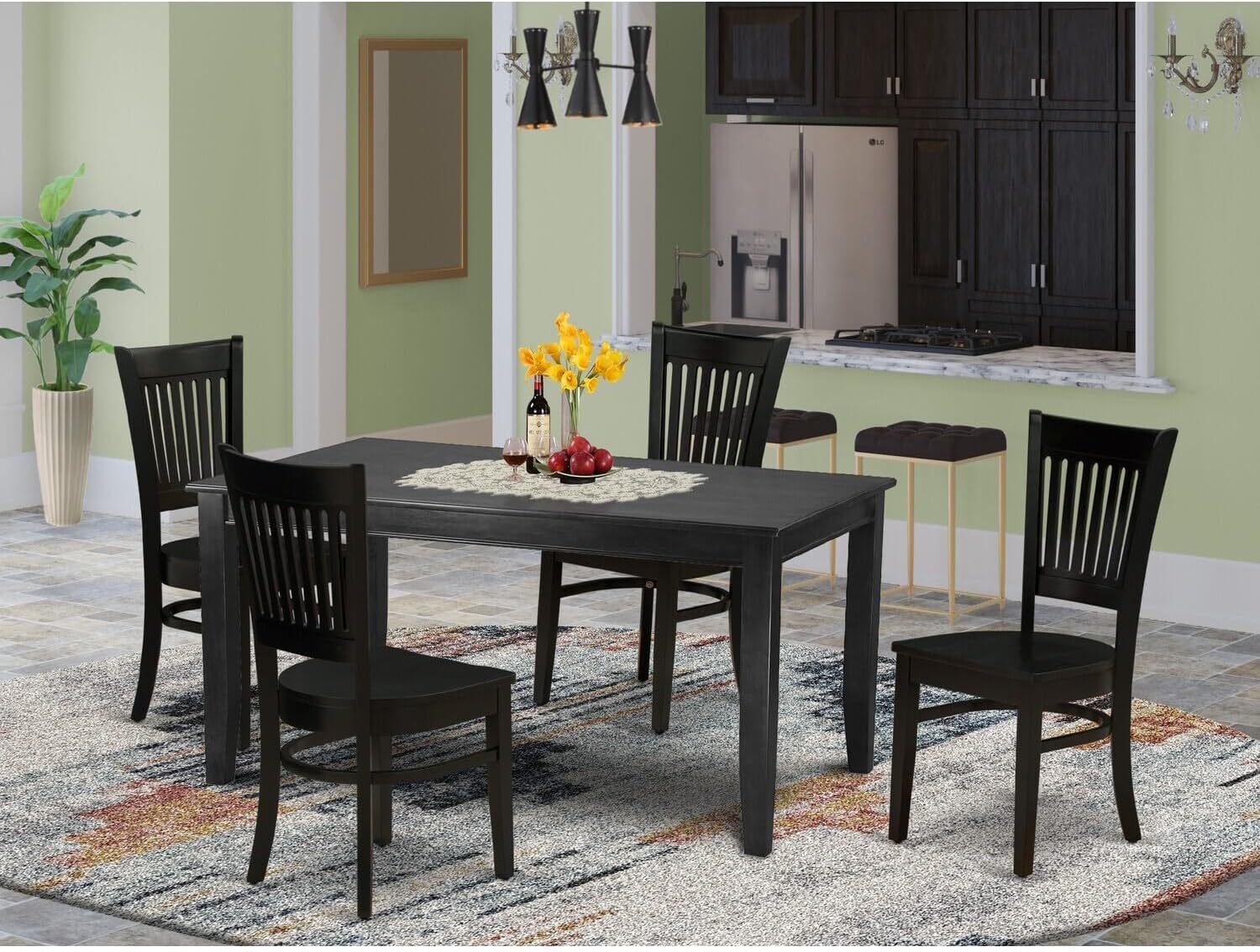 Lakeside Living 5-Piece Small Dining Table Set-4Wooden Chairs with Slatted Back and Wooden Seat-A Mid Century Dining Table with Rectangular Top and 4 Legs- Black Finish