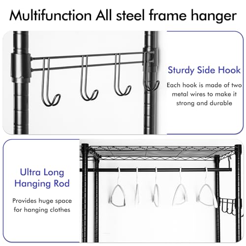 Wire Garment Rack, Heavy Duty Rolling Clothes Rack for Hanging Clothes, Adjustable Metal Clothing Rack with Storage Shelves, Freestanding Closet Wardrobe on Wheels, 57.1