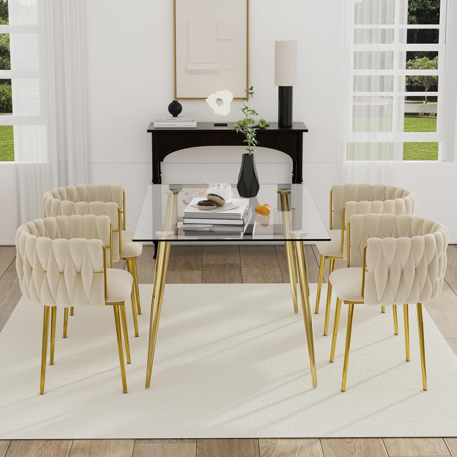 Gold Glass Dining Room Table Set for 4, 51'' Modern Rectangular Dinner Table Set, 5 PCS Clear Glass Top Retro Kitchen Table Set, Beige Woven Dining Chair for Home Living Room Small Place