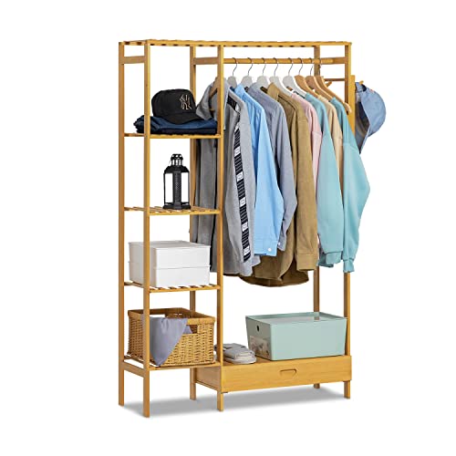 MoNiBloom Bamboo Freestanding Closet Organizer with Pants Scarves Racks and a Hanging Rob, Extra 5 Clothing Storage Shelving for Bedroom Living Room, Brown