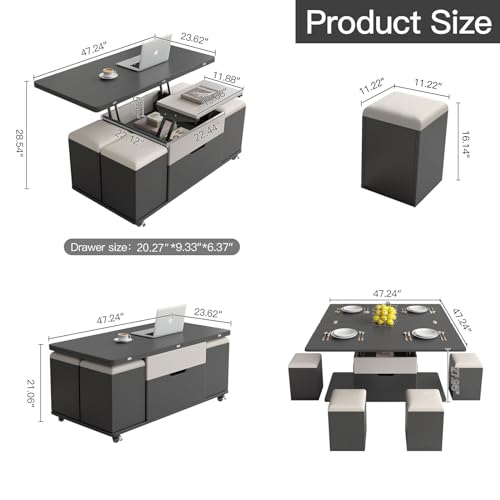 3 in 1 Mutifunction Coffee Table, Lift Top Coffee Table with 4 Seats, Coffee Table with Storage Lift Up Pu Stools,Coffee Table Converts to Dining Table for Living Room, Bedroom