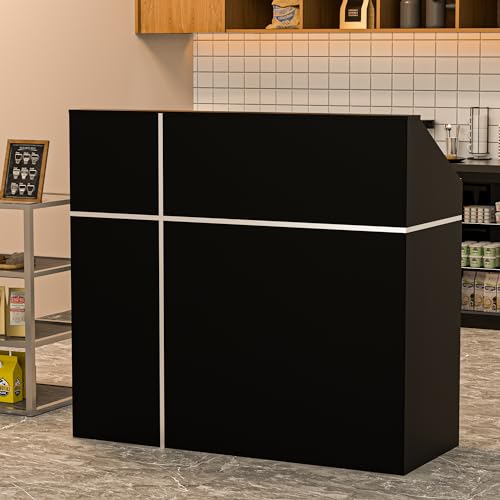 AHB Reception Desk with Counter, Modern Front Table Equipped Lockers & Storage Shelves, 50-inch Checkout Counter with LED Lights & DIY Stripe for Lobbies, Salons, Retail, Home Offices, Reception Room