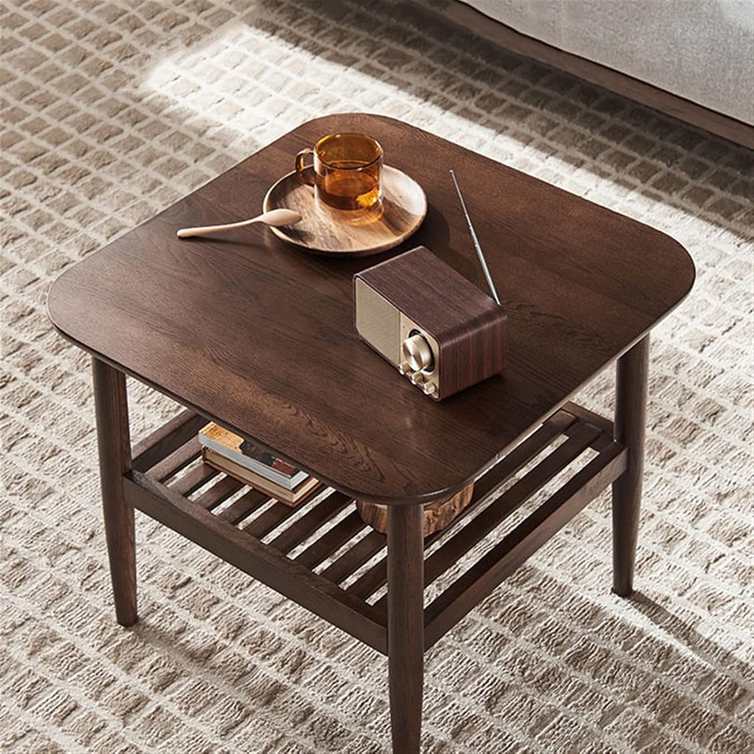 End Table Modern Wooden Coffee Table Double-Layer Square Sofa Corner Cabinet Living Room Bedroom Balcony Side Table Side Table