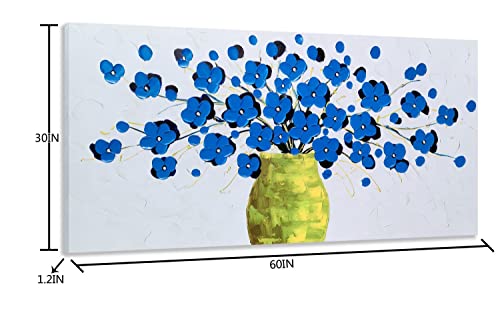 Yihui Arts Flower Painting Hand Painted 3D Brown Light Blue White Canvas Wall Art Giant Contemporary Plant Pictures for Bedroom Living Room Dinning Decoration
