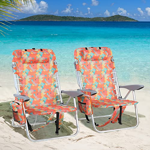 LET'S CAMP Backpack Beach Chair Set of 2, 4-Position Classic Lay Flat, Pillow and Padded Shoulder Straps, Storage Pouch and Towel Bar, Support 250LBS, Wave