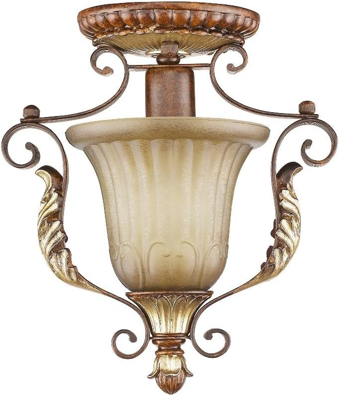 Livex Lighting 8578-63 Villa Verona 1 Light Verona Bronze Finish Flush Mount with Aged Gold Leaf Accents and Rustic Art Glass