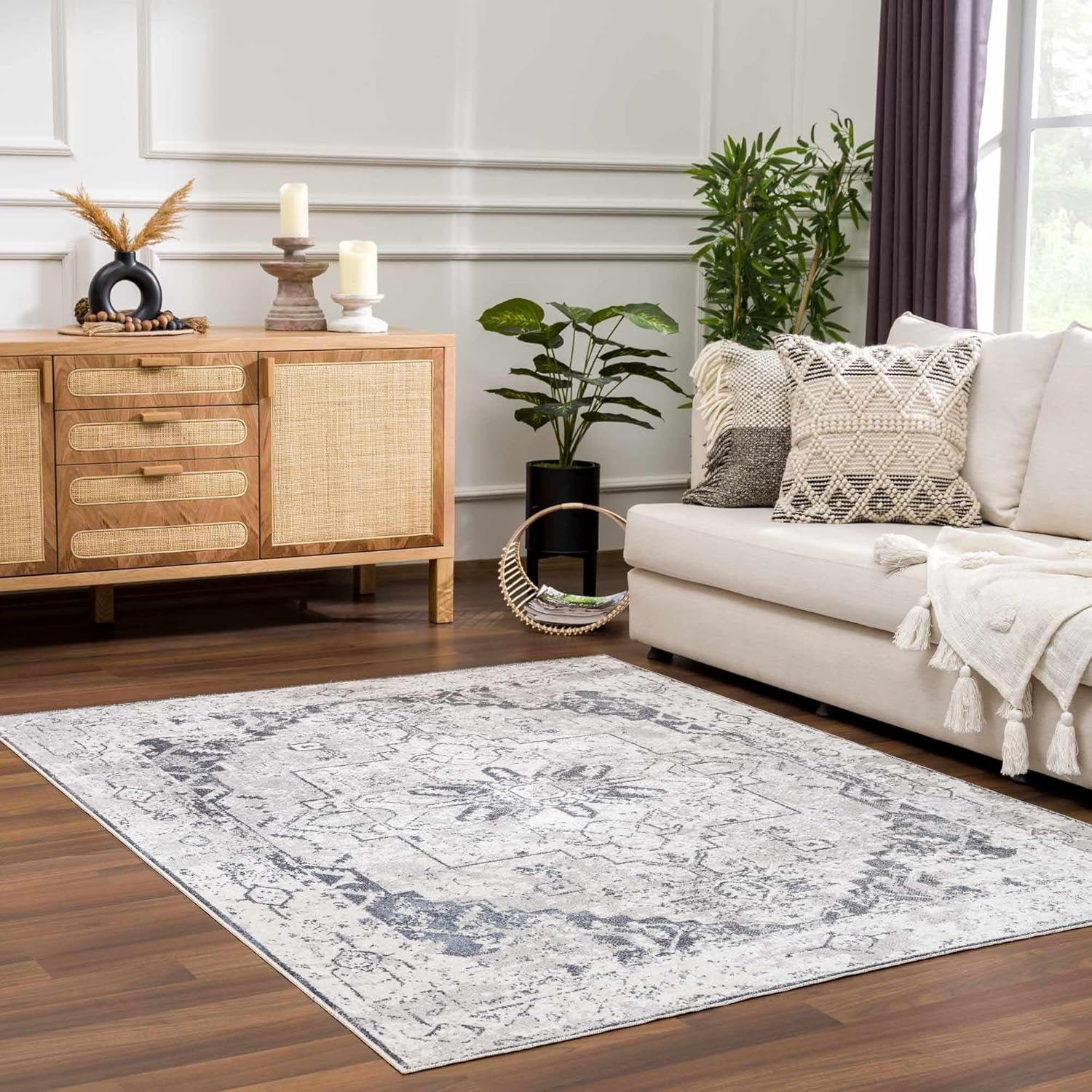 Hauteloom Hera Machine Washable Living Room Bedroom Area Rug - Pet Friendly - Vintage Distressed - Bohemian Oriental Persian Traditional Look - Grey, Cream, Antrasit - 5'3