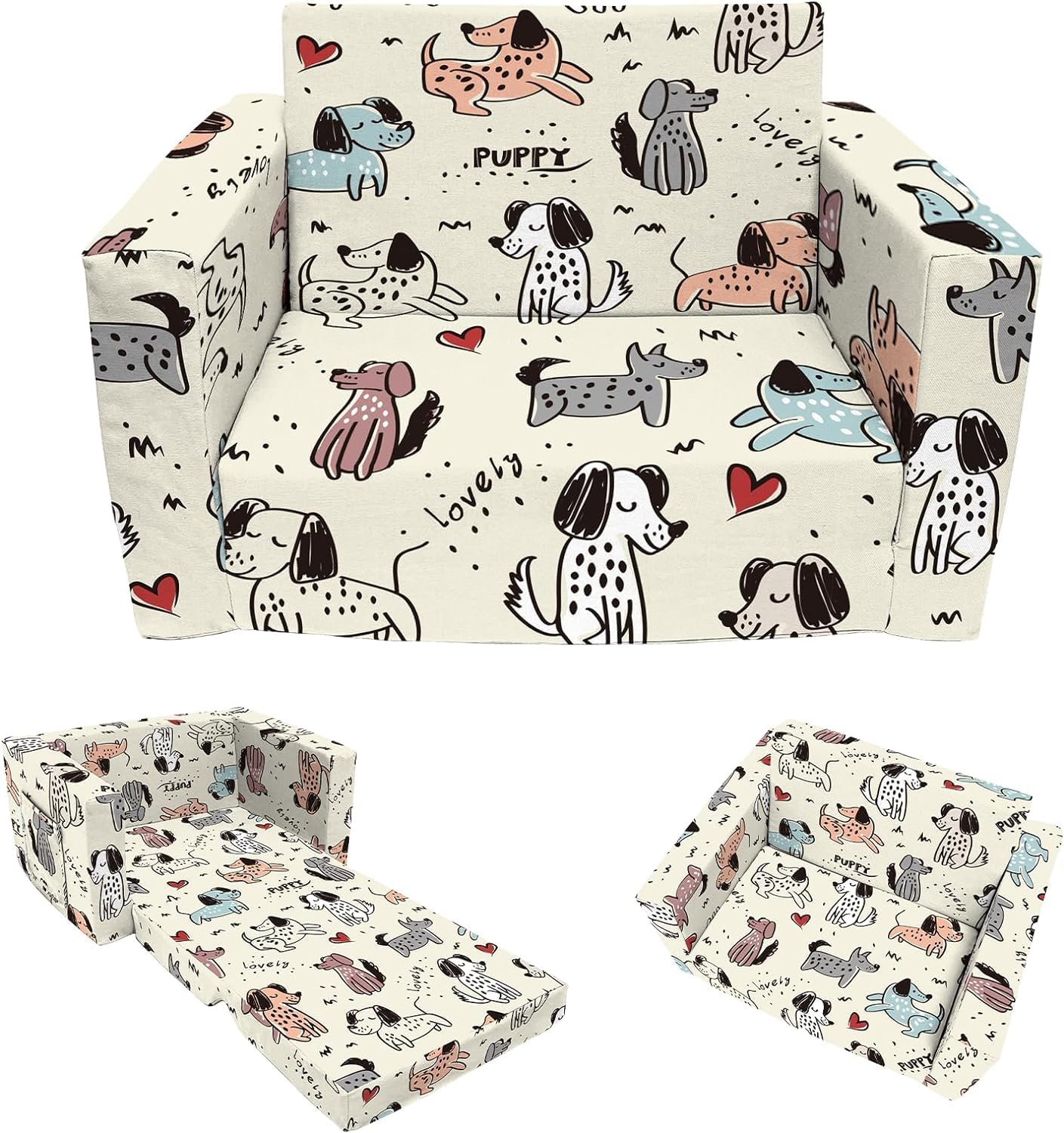 Kids Couch, 2-in-1 Convertible Sofa to Lounger, Comfy Flip-Out Couch Chair/Sleeper Bed for Toddler Boys and Girls (Beige-Dog)