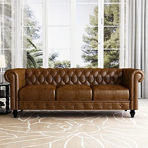 Yoglad Chesterfield Sofa, Rolled Arm Sofa with Faux Leather, 3 Seater Couch with Wooden Frame, for Living Room, Bedroom or Apartment (Brown)