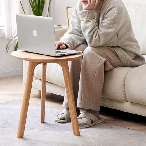 Round Side Table 100% Solid Wood Occasional Table Minimal Scandinavian End Table for Living Room Sofa Table (Natural Oak)