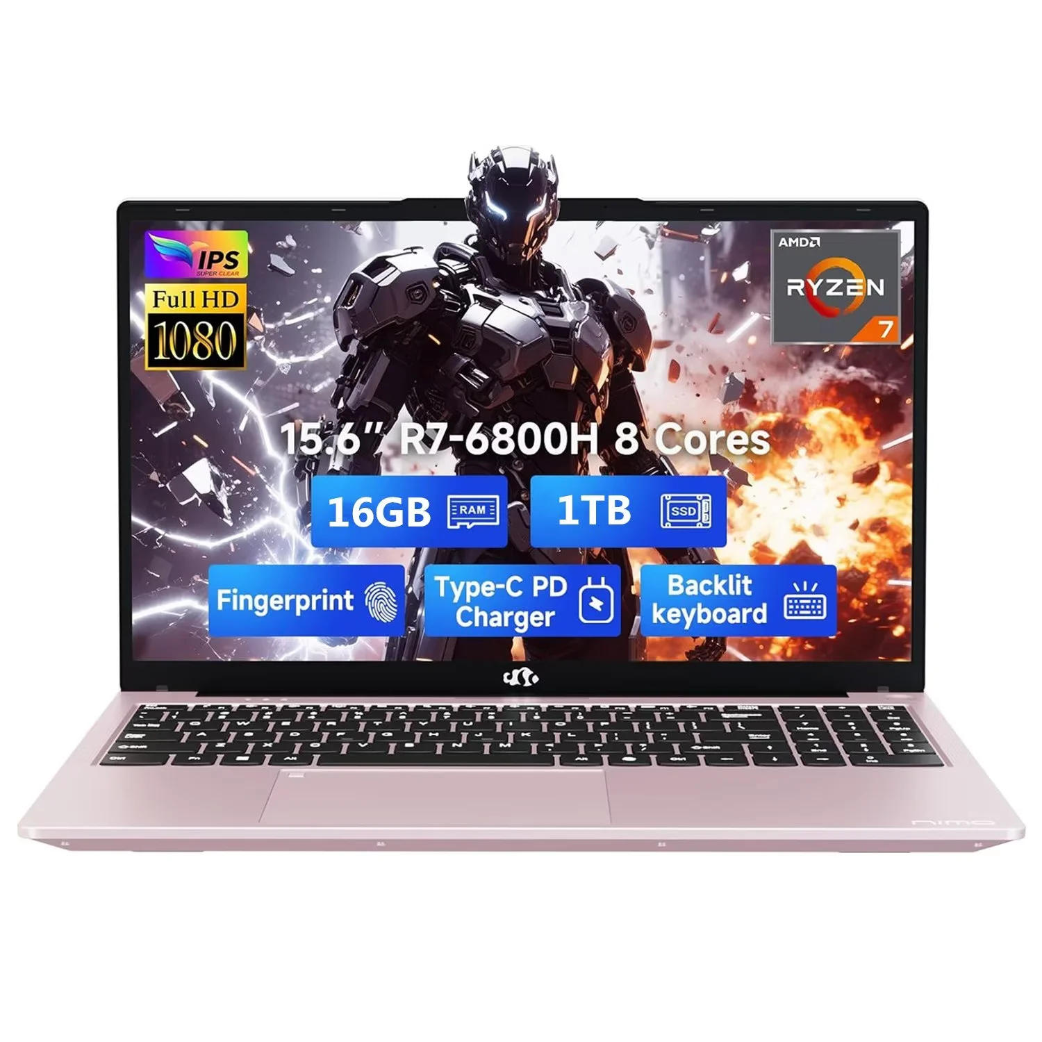 15.6" IPS FHD Gaming Laptop, 8 Cores AMD Ryzen 7 6800H (Beat i7-12700H, Up to 4.7GHz) 16GB DDR5 RAM 1TB SSD AMD Radeon 680M GPU-Computer with 100W GaN Type-C Backlit Keyboard Fingerprint RoseGold