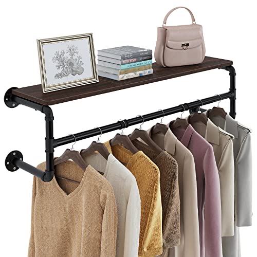 GREENSTELL Clothes Rack with Top Shelf, 41in Industrial Pipe Wall Mounted Garment Rack, Space-Saving Display Hanging Clothes Rack, Heavy Duty Detachable Multi-Purpose Hanging Rod for Closet Storage