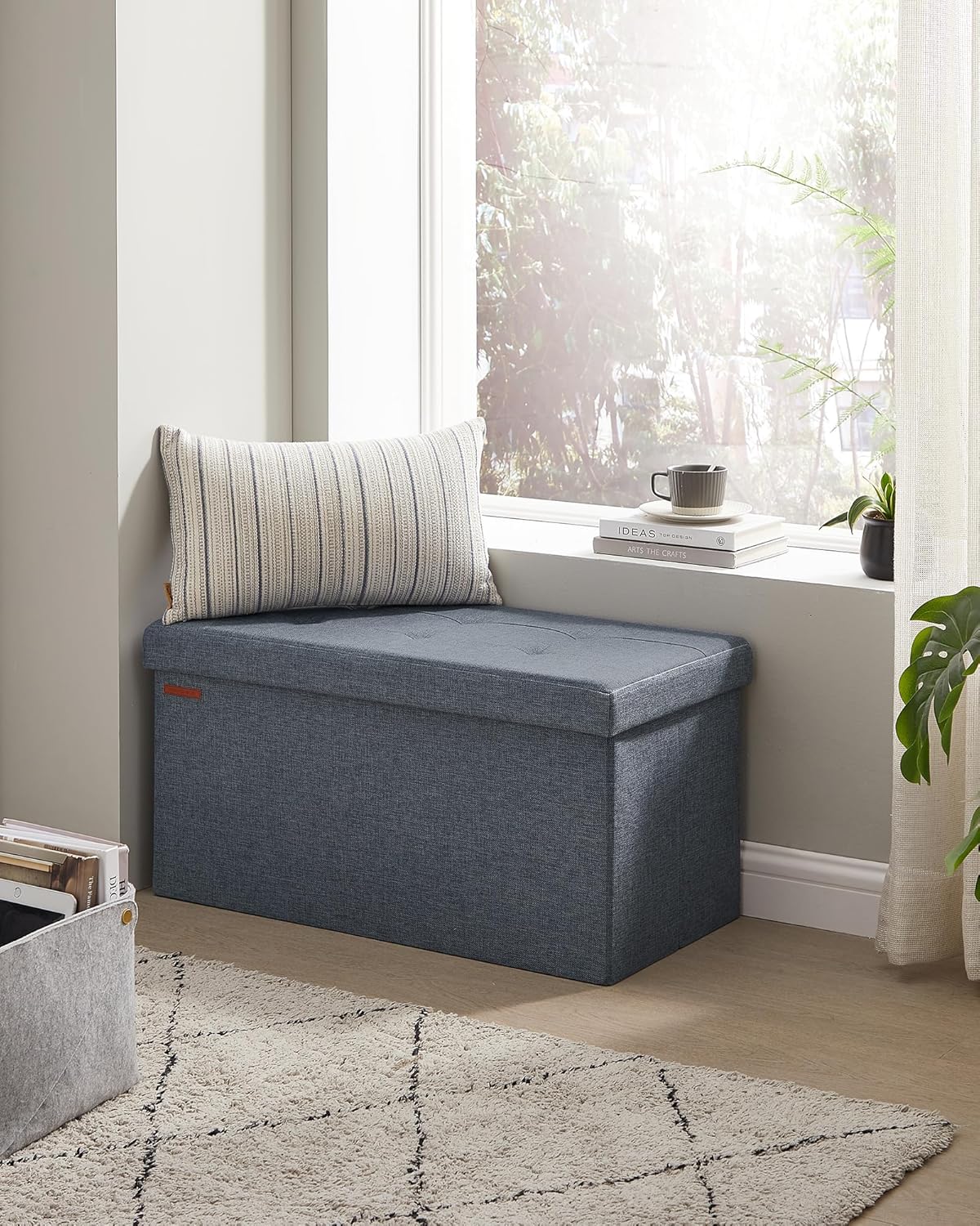 SONGMICS 15 x 30 x 15 Inches Folding Storage Ottoman Bench, Storage Chest, Foot Rest Stool, Light Denim Blue ULSF047Q01