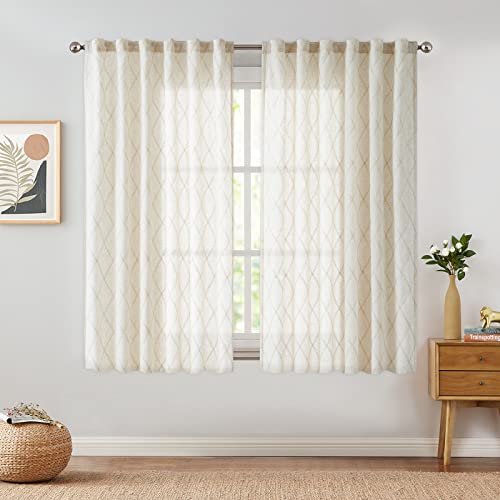 jinchan Linen Curtains for Living Room Beige Diamond Embroidered Curtains Geometric Patterned Window Drapes Flax Window Treatment Set for Bedroom Grommet Curtains 95 Inches Long 2 Panels Beige