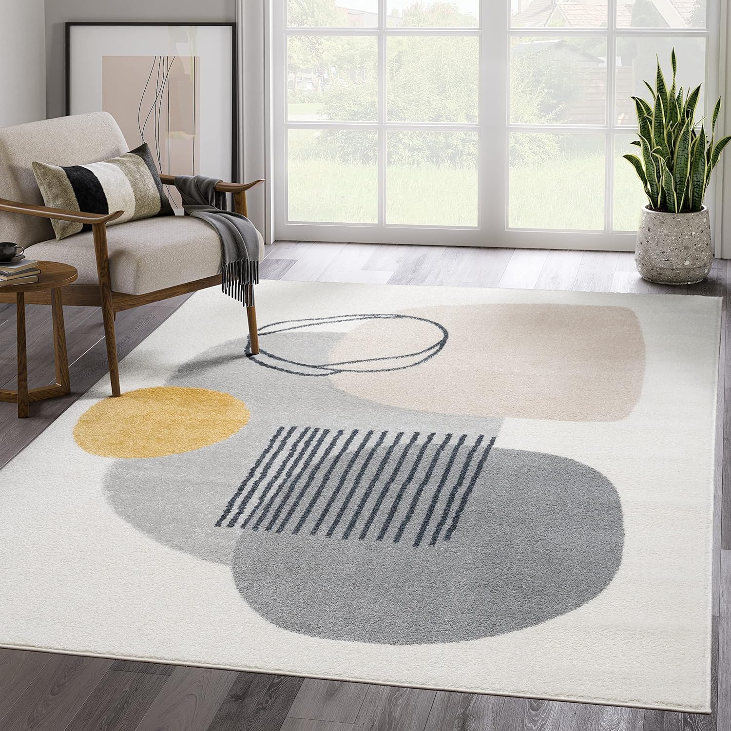 Abani Rugs Cream and Gray 4 ft. X 6 ft. Mid-Century Rug with Circles and Lines. Neutral Tones of Cream, Gray and a pop of Yellow. Minimalistic Design Turkish Stain Resistant Area Rug.