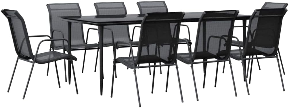 9 Piece Patio Dining Set, Back Patio Furniture Outdoor Balcony Furniture Balcony Furniture Set Outdoor Dining Chairs Suitable for Apartments Patio Resorts Outdoor, Black Steel and Textilene