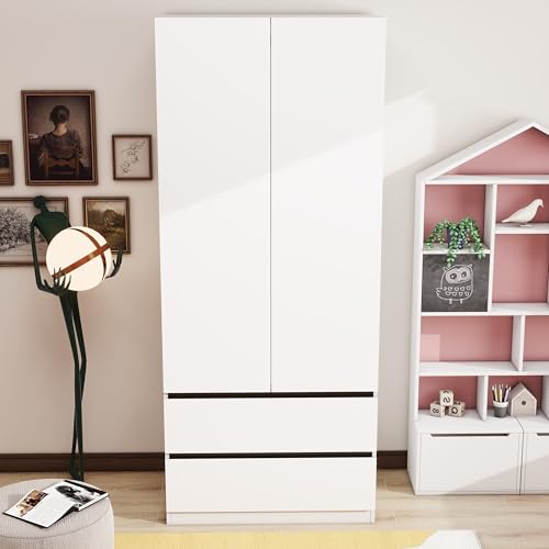 2 Door Wardrobe Closet Wooden Wardrobe Cabinet with 2 Drawers, Freestanding Small Clothes Cabinet for Bedroom Guest Room, White
