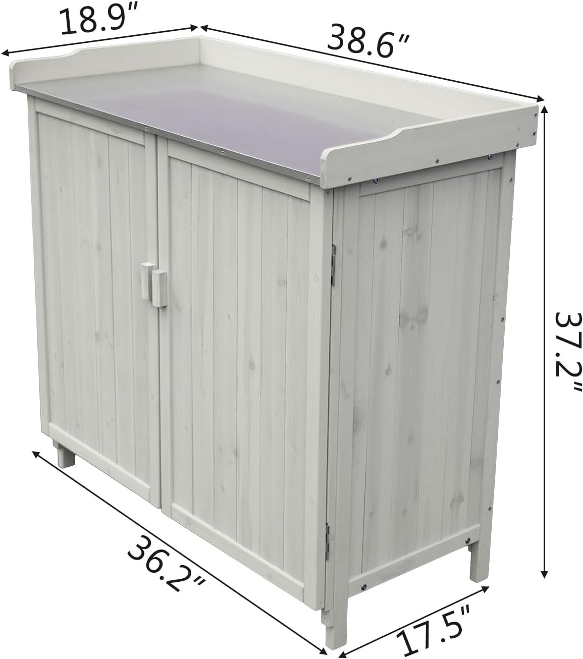 Outdoor Potting Table Wooden Storage Cabinet Waterproof Tool Shed Double Doors Garden Work Bench for Backyard (Gray)