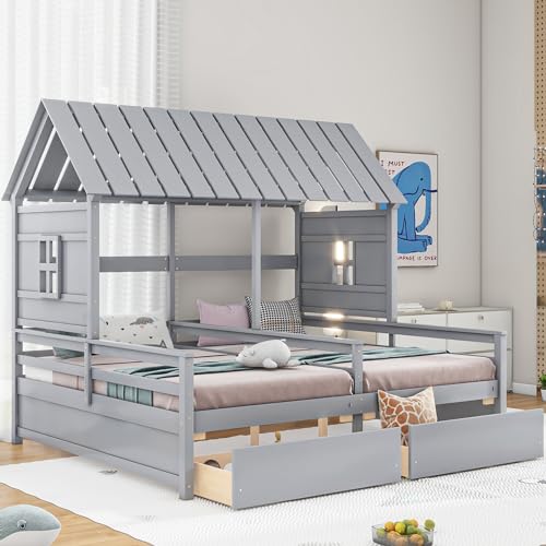House Bed for Kids, Twin House Bed with Drawers, Pine and MDF, Space Saving, Easy to Assemble, for Bedroom Apartment Kids Adult (Gray)