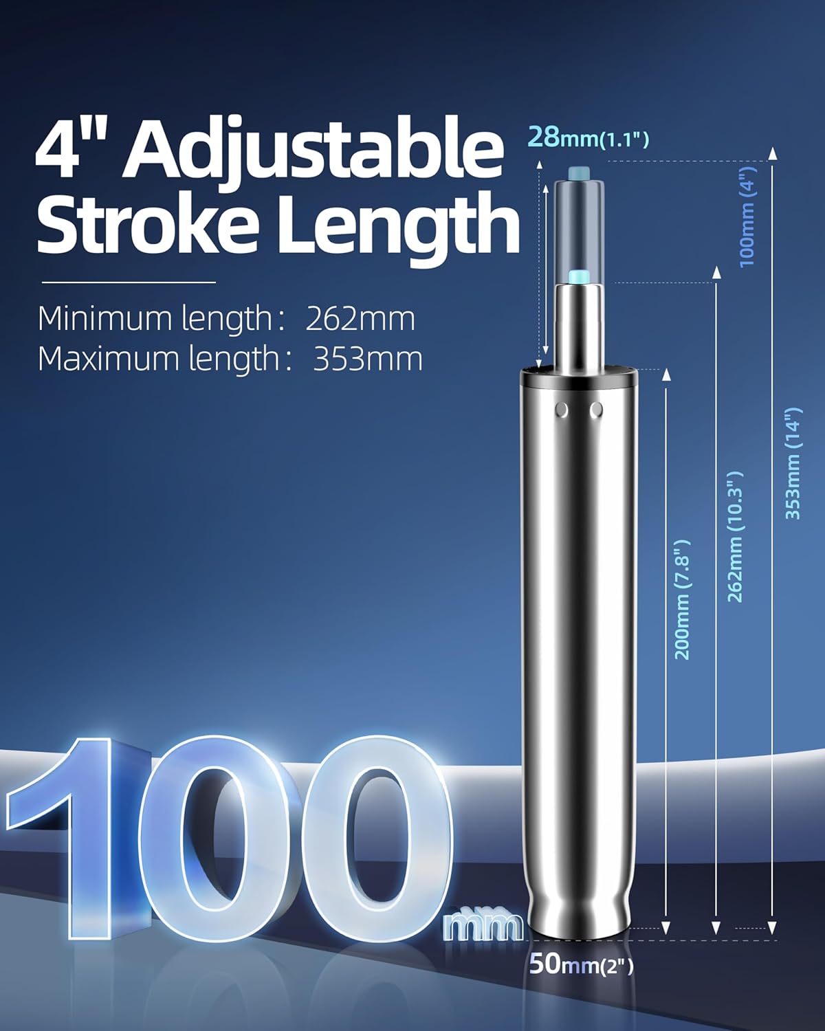 MASTERY MART Chair Gas Lift Cylinder Replacement, 4'' Travel Length, Heavy Duty 450 kg (1000 lbs), Hydraulic Pneumatic Shock Piston, Universal Size Fits Most Office Chair, Class 4 (Polished Steel)